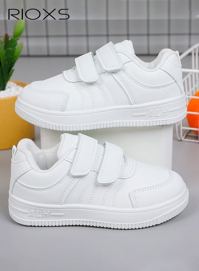 RIOXS Kids' Waterproof White Casual Sneakers, Breathable Faux Leather with Velcro Closure and Non-Slip Rubber Sole, Comfortable Walking Shoes for Girls, Lightweight Everyday Sneakers for Boys, Perfect for School, Strolls, Daily Wear, and Sports, White - Image 1